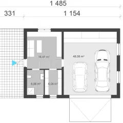 Rzut parteru garażu dwustanowiskowego o wymiarach 8,34m x 4,8m, z miejscem na dwa samochody (48,08 m²), pomieszczeniem gospodarczym (18,47 m²) i łazienką.