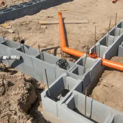 Szalunek tracony słupa z pustaków betonowych, z widocznymi rurami kanalizacyjnymi i zbrojeniem.
