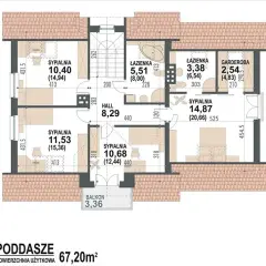 Rzut poddasza domu Karmelita Gold 2m: cztery sypialnie, dwie łazienki, garderoba, hall i balkon. Powierzchnia użytkowa 67,20m².