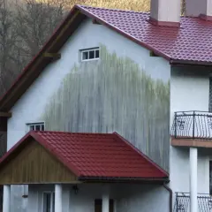 Duże, zielonkawe mokre plamy na elewacji domu, przypominające ślady po deszczu.