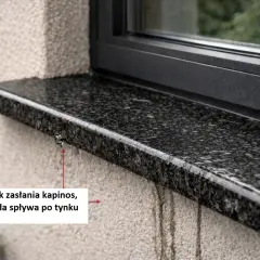 Zacieki na elewacji pod parapetem, woda spływa po tynku.