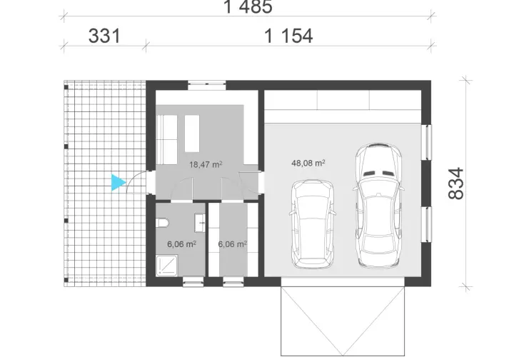 Rzut parteru garażu dwustanowiskowego o wymiarach 8,34m x 4,8m, z miejscem na dwa samochody (48,08 m²), pomieszczeniem gospodarczym (18,47 m²) i łazienką.