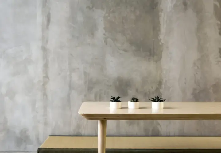 Minimalistne wnętrze z surowym tynkiem gipsowym bez gładzi. Na drewnianym stole trzy małe sukulenty w białych doniczkach.