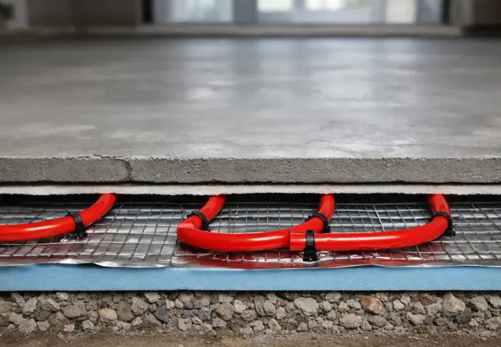 Warstwa betonu z czerwonymi rurkami ogrzewania podłogowego. To kluczowy etap wygrzewania posadzki po roku, zapewniający jej trwałość i komfort.