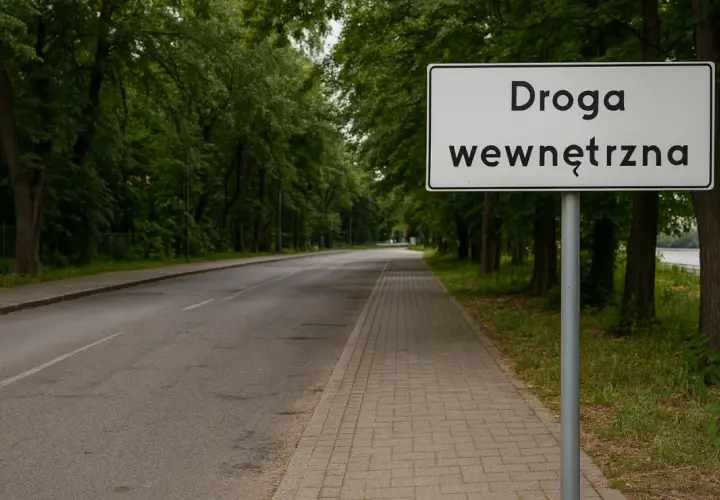 Znak "Droga wewnętrzna" przy alei drzew. Definicja drogi wewnętrznej jest jasna: to droga niepubliczna, zarządzana przez właściciela terenu.