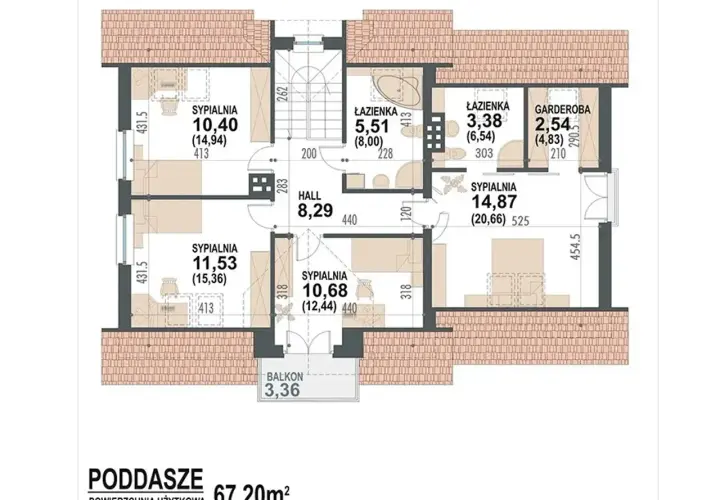 Rzut poddasza domu Karmelita Gold 2m: cztery sypialnie, dwie łazienki, garderoba, hall i balkon. Powierzchnia użytkowa 67,20m².