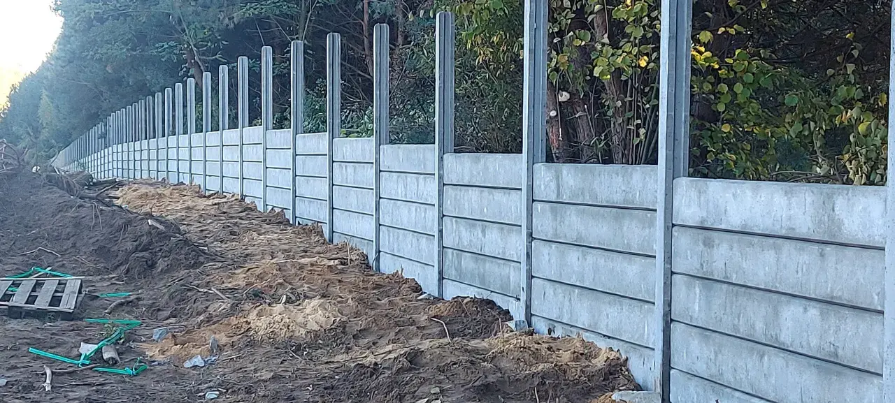 Nowe betonowe słupki ogrodzeniowe czekają na zalanie. Solidna konstrukcja wzdłuż leśnej ścieżki.