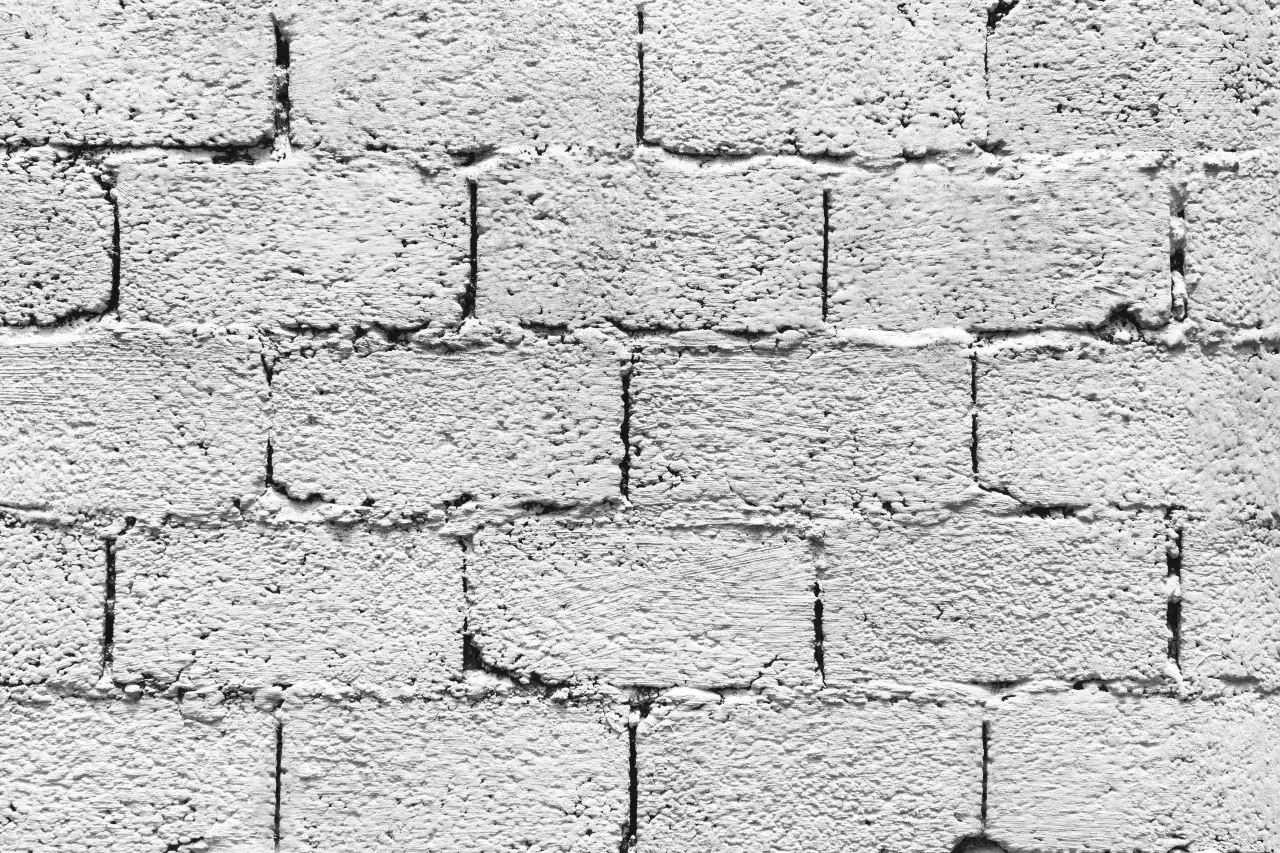 Biała, chropowata ściana z bloczków betonowych, z widocznymi spoinami. Idealna do eksperymentów z szprycą cementową proporcje.