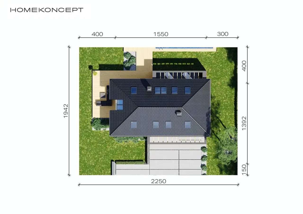 Idealna jaka działka pod dom 100m2 z basenem i tarasem. Rzut z góry pokazuje nowoczesny budynek z ciemnym dachem i otaczającą go zielenią.