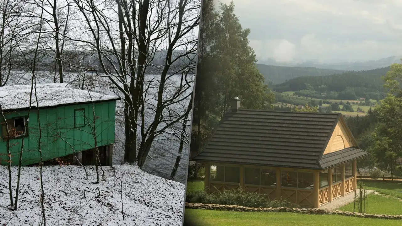 Zielona szopa nad jeziorem zimą i drewniany budynek rekreacji indywidualnej latem. Czy budynek rekreacji indywidualnej jest budynkiem mieszkalnym?