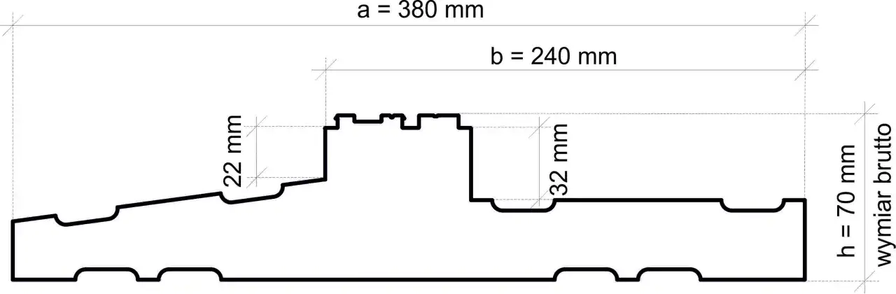 Przekrój profilu okiennego z wymiarami: a=380mm, b=240mm, h=70mm. Określa na jakiej wysokości parapet.