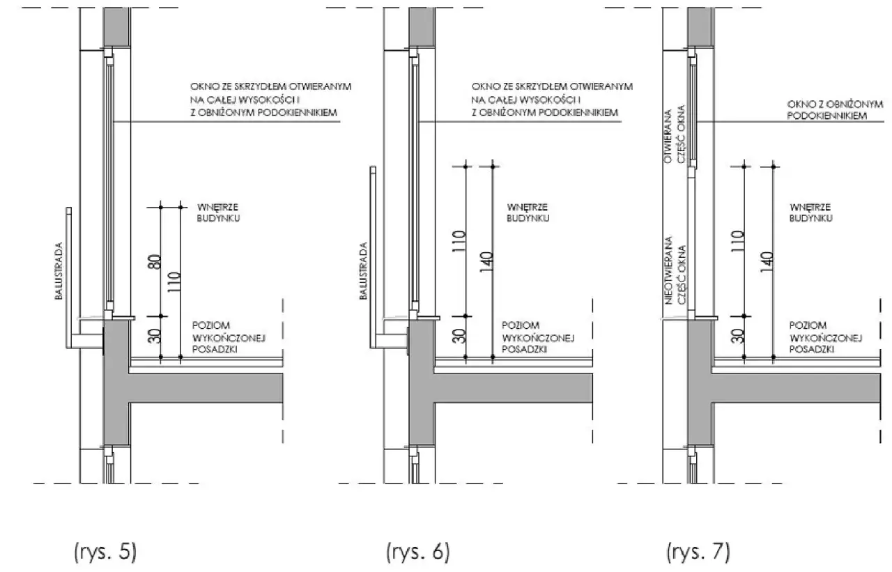 Rysunki architektoniczne pokazują okna z obniżonym parapetem. Na rys. 5 parapet jest na wysokości 80 cm, na rys. 6 i 7 na 110 cm.