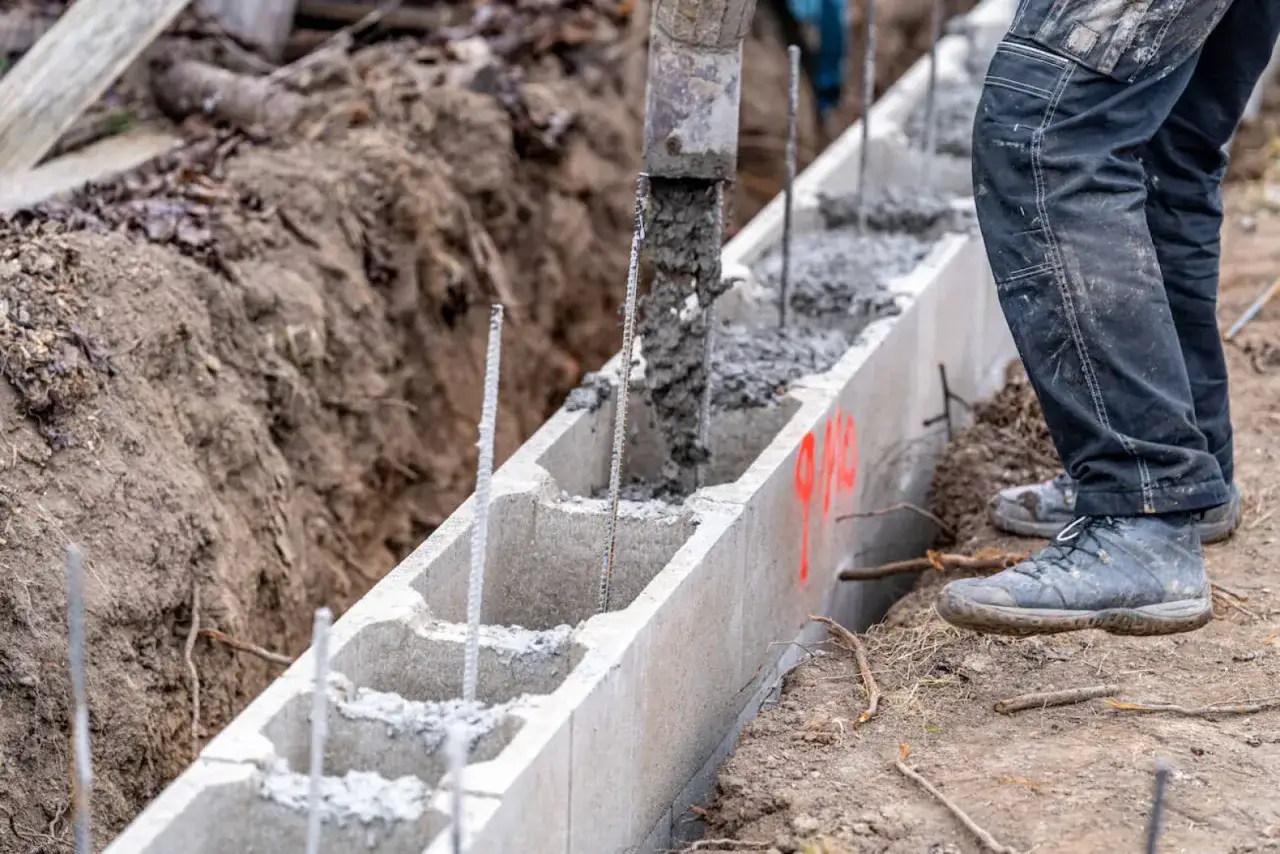 Beton wylewany do szalunku traconego słupa, który tworzy fundament.